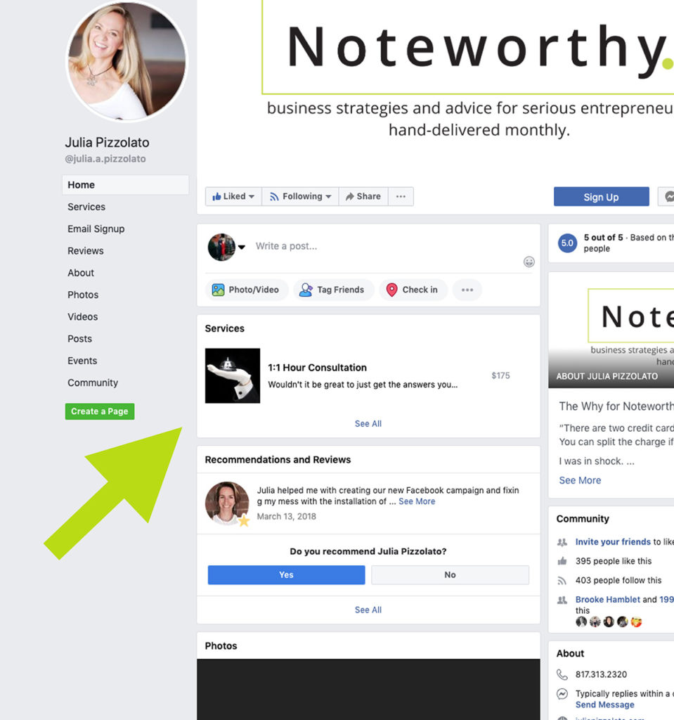 The final version of what the service looks like once input and where it appears on the home page of your Facebook business page.