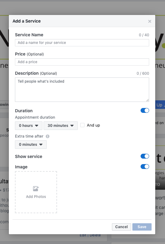 After you've clicked the add service tab, this is the window that pops up to be filled out with service name, price etc.
